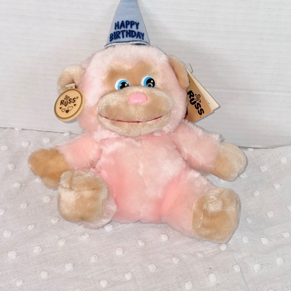 New Vintage Russ Pink Plush Monkey with Blue 'Happy Birthday' Hat 1979